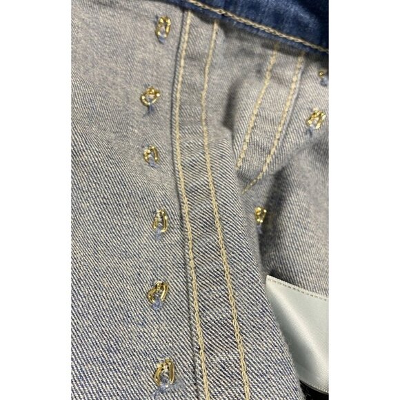 True Religion Blue Denim Distressed Chain Statement Jacket Sz S Biker - Picture 7 of 9